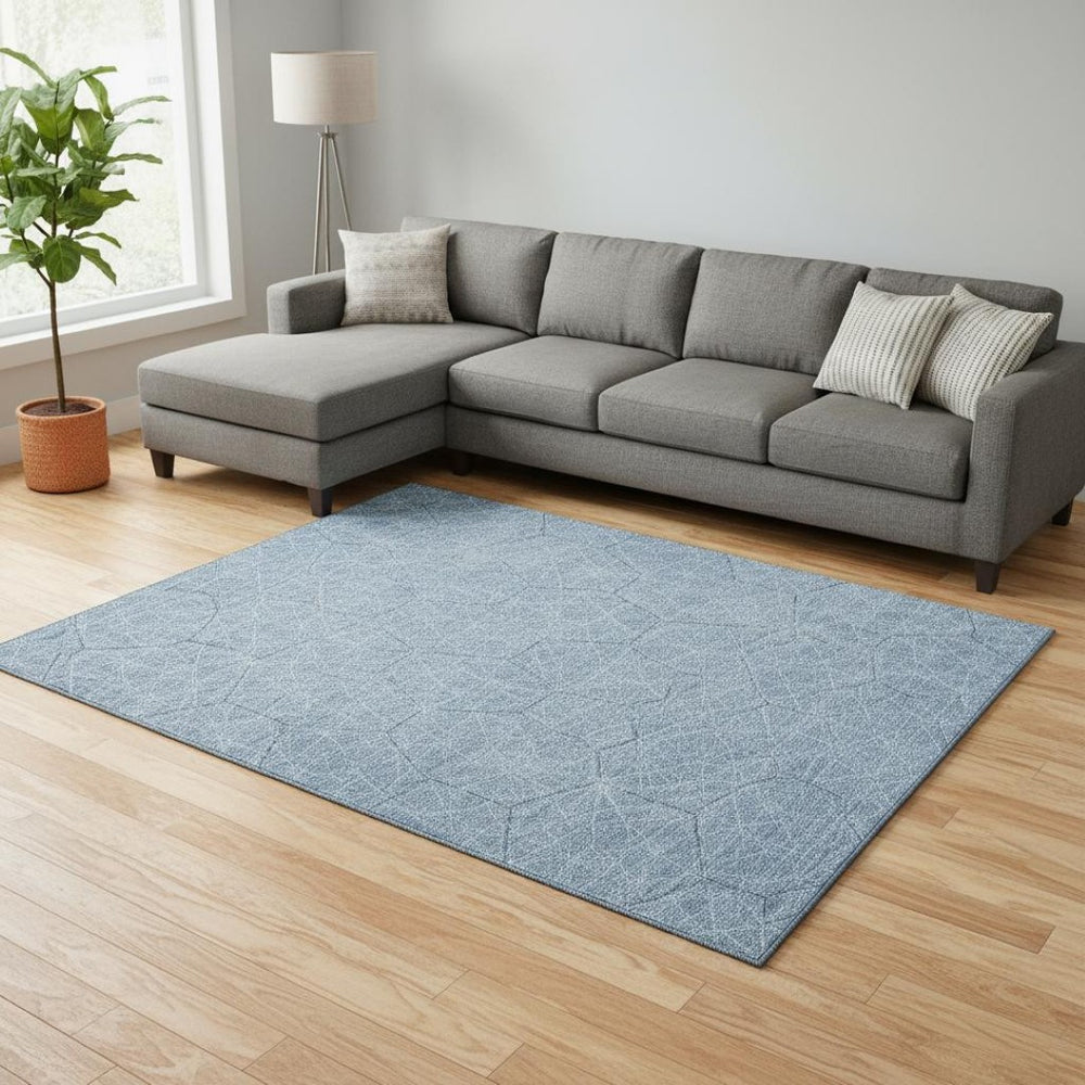 HomeRoots 8' X 10' Stylish Denim Blue Ivory Geometric Area Rug – Washable, UV Protected, Family-Friendly Design 677859