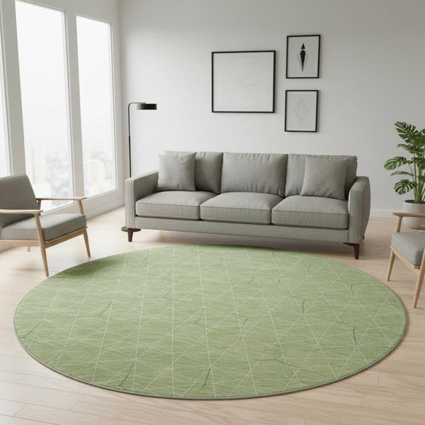 HomeRoots 8' Green and Ivory Geometric Round Rug - Washable, UV-Protected, Durable Design for Modern Spaces 677864