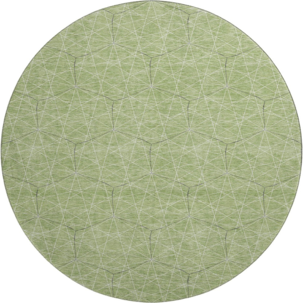 HomeRoots 8' Green and Ivory Geometric Round Rug - Washable, UV-Protected, Durable Design for Modern Spaces 677864