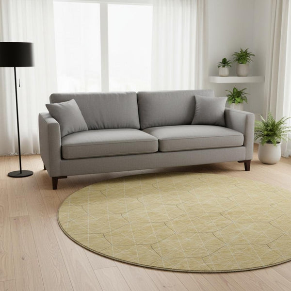 HomeRoots 8' Gold and Ivory Geometric Round Rug - Washable, UV-Protected, Stylish, and Durable for Any Space 677870