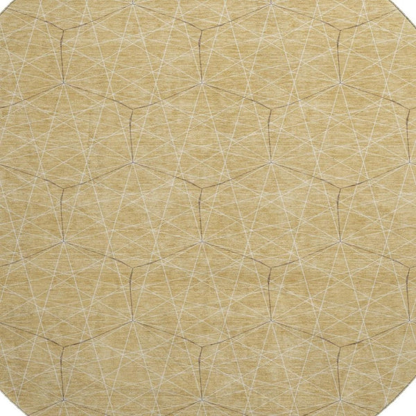 HomeRoots 8' Gold and Ivory Geometric Round Rug - Washable, UV-Protected, Stylish, and Durable for Any Space 677870