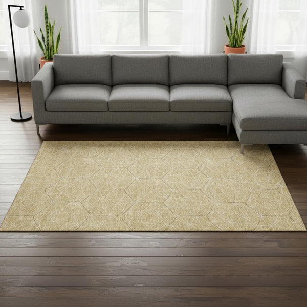 HomeRoots 10' Geometric Washable Area Rug in Gold and Ivory - Durable, Stain-Resistant, UV Protected Design 677873