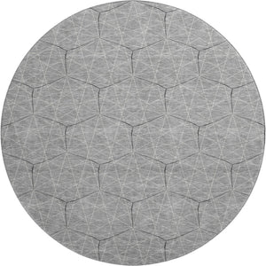 HomeRoots 8' Gray and Silver Geometric Round Rug - Washable, Stain Resistant, UV Protected for Modern Spaces 677876