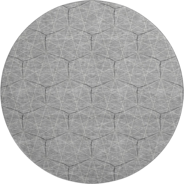 HomeRoots 8' Gray and Silver Geometric Round Rug - Washable, Stain Resistant, UV Protected for Modern Spaces 677876