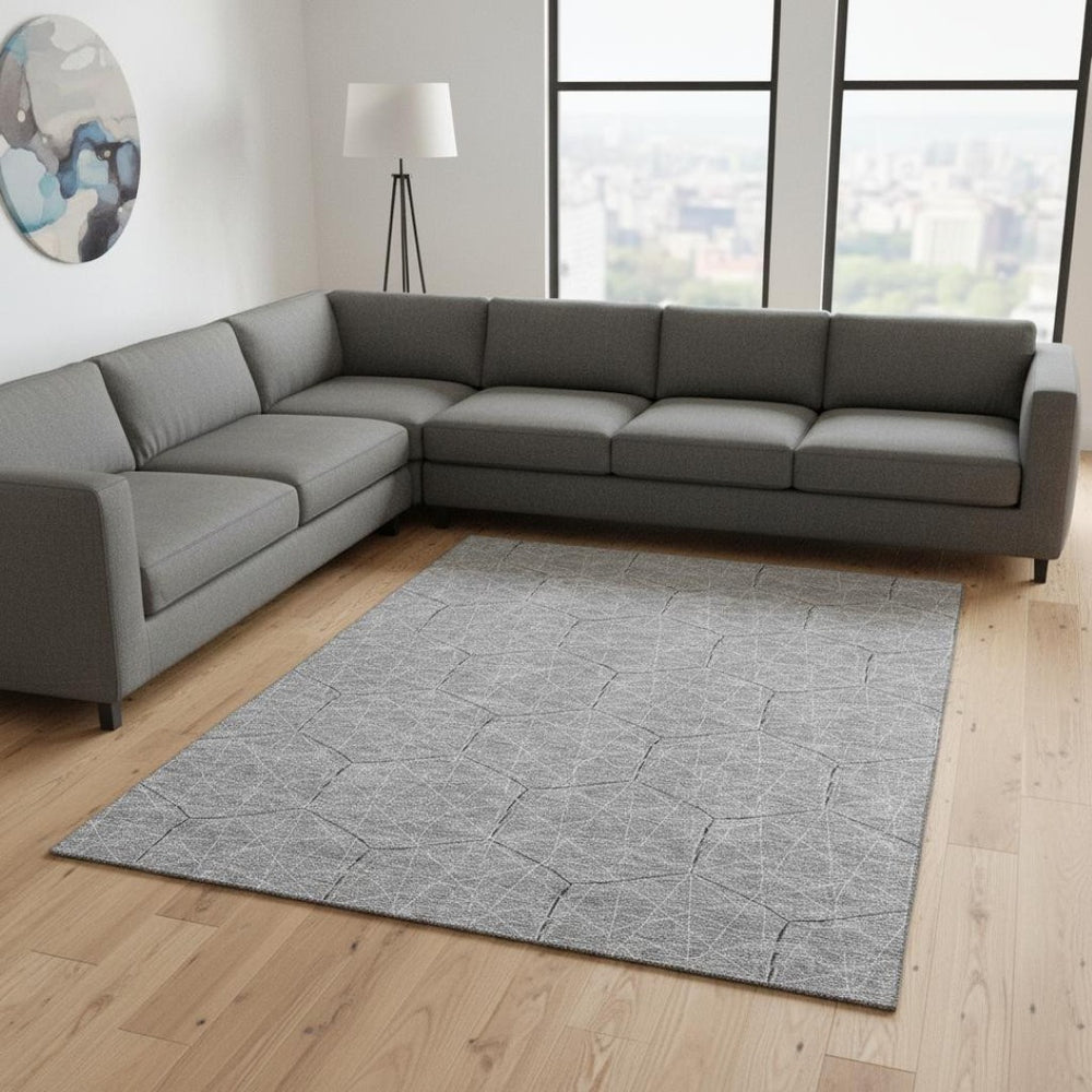 HomeRoots 8' X 10' Gray and Silver Geometric Area Rug - Washable, UV Protected, Durable for Homes with Kids & Pets 677877