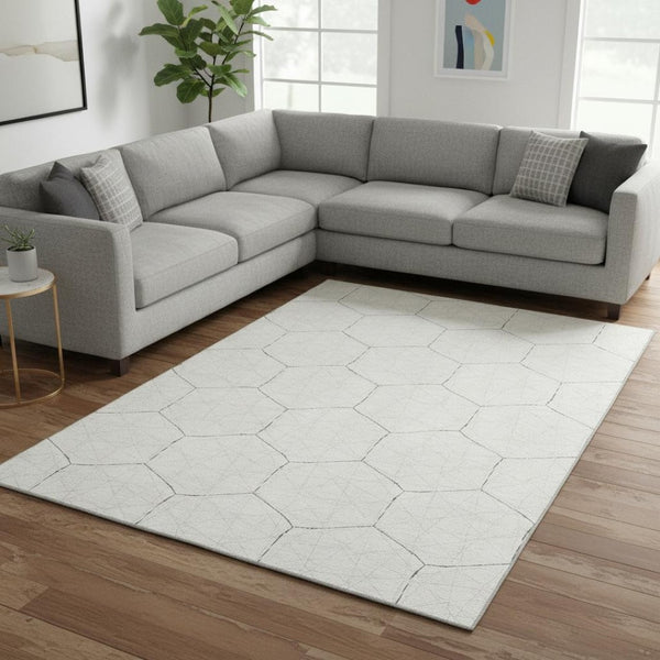 HomeRoots 8' X 10' Ivory & Brown Geometric Area Rug - Washable, UV Protected, Stylish & Durable for Family Homes 677883