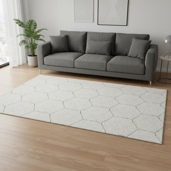HomeRoots 5' X 8' Linen & Black Geometric Area Rug - Washable, UV-Protected, Durable & Stylish for Any Room 677887