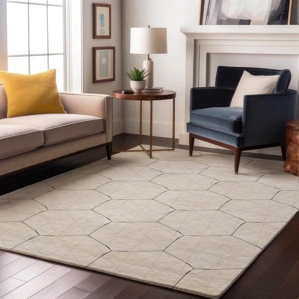 HomeRoots 5' X 8' Linen & Black Geometric Area Rug - Washable, UV-Protected, Durable & Stylish for Any Room 677887