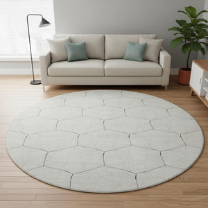 HomeRoots 8' Stylish Linen and Black Geometric Round Rug - Washable, UV-Protected, Ideal for High Traffic Areas 677888