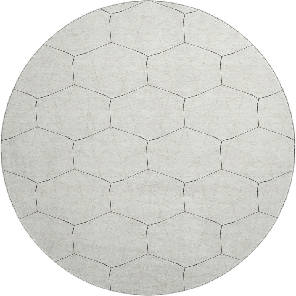 HomeRoots 8' Stylish Linen and Black Geometric Round Rug - Washable, UV-Protected, Ideal for High Traffic Areas 677888
