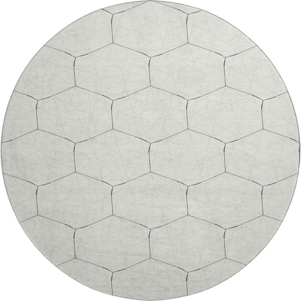 HomeRoots 8' Stylish Linen and Black Geometric Round Rug - Washable, UV-Protected, Ideal for High Traffic Areas 677888