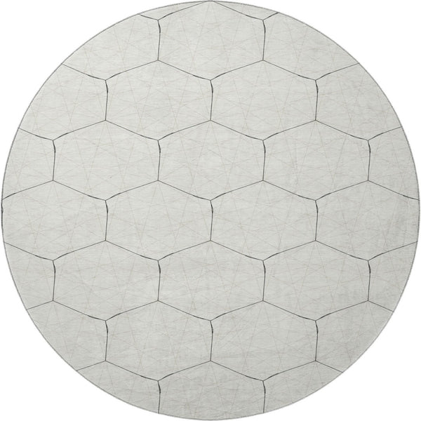 HomeRoots 8' Stylish Linen and Black Geometric Round Rug - Washable, UV-Protected, Ideal for High Traffic Areas 677888