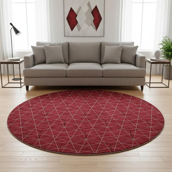 HomeRoots 8' Red And Ivory Geometric Round Rug – Stylish, Washable, UV-Protected for Busy Homes & Sunlit Spaces 677894