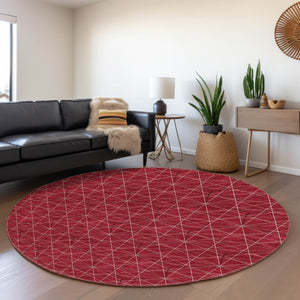 HomeRoots 8' Red And Ivory Geometric Round Rug – Stylish, Washable, UV-Protected for Busy Homes & Sunlit Spaces 677894