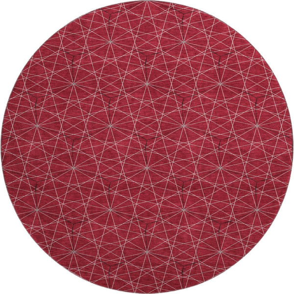 HomeRoots 8' Red And Ivory Geometric Round Rug – Stylish, Washable, UV-Protected for Busy Homes & Sunlit Spaces 677894