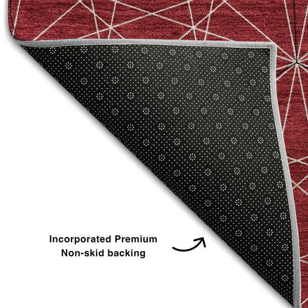 HomeRoots 8' Red And Ivory Geometric Round Rug – Stylish, Washable, UV-Protected for Busy Homes & Sunlit Spaces 677894