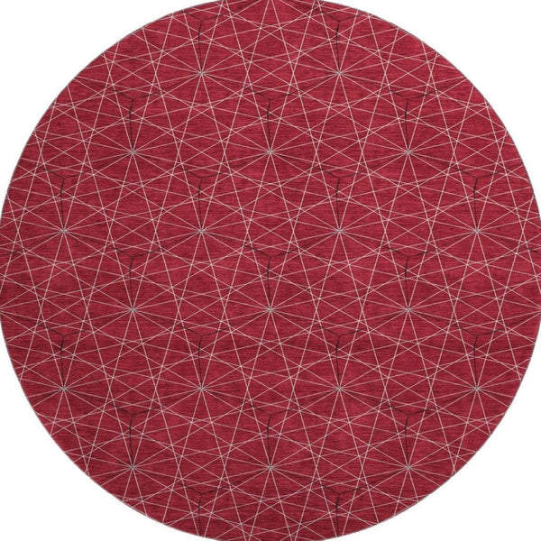 HomeRoots 8' Red And Ivory Geometric Round Rug – Stylish, Washable, UV-Protected for Busy Homes & Sunlit Spaces 677894