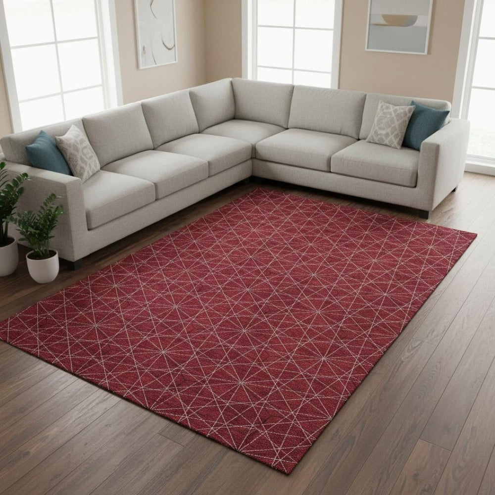 HomeRoots 8' X 10' Red and Ivory Geometric Area Rug - Durable, Washable, UV Protected for Modern Homes 677895