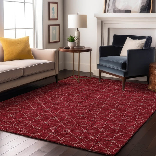 HomeRoots 8' X 10' Red and Ivory Geometric Area Rug - Durable, Washable, UV Protected for Modern Homes 677895