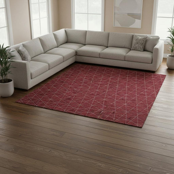 HomeRoots 9' X 12' Geometric Red & Ivory Area Rug – Washable, UV Resistant, Perfect for High-Traffic Spaces 677896