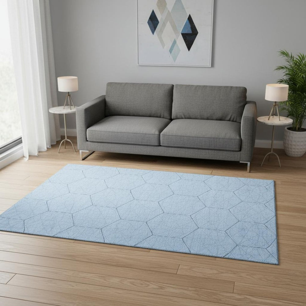 HomeRoots 5' Sky Blue & Denim Blue Geometric Washable Area Rug with UV Protection for Modern Living Spaces 677899