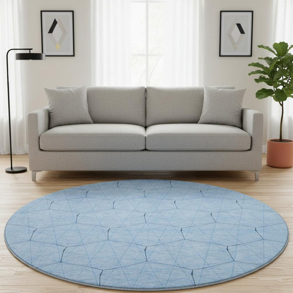 HomeRoots 8' Sky Blue and Denim Blue Geometric Round Rug – Washable, UV-Protected, Stylish, Durable Design 677900