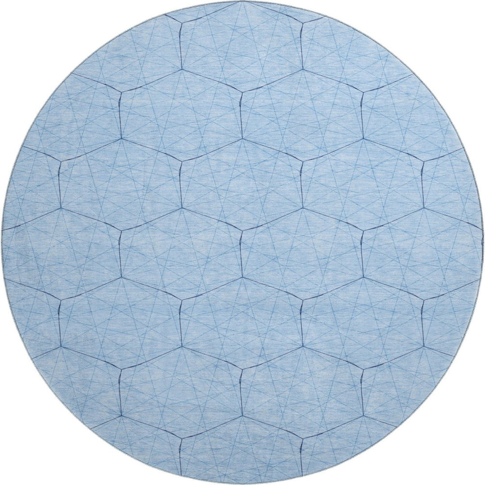 HomeRoots 8' Sky Blue and Denim Blue Geometric Round Rug – Washable, UV-Protected, Stylish, Durable Design 677900