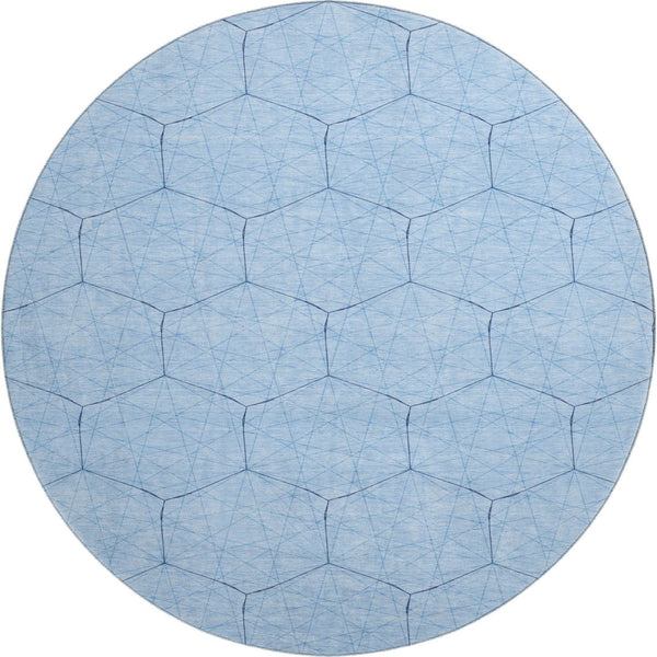 HomeRoots 8' Sky Blue and Denim Blue Geometric Round Rug – Washable, UV-Protected, Stylish, Durable Design 677900