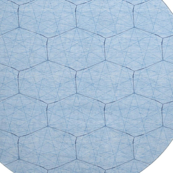 HomeRoots 8' Sky Blue and Denim Blue Geometric Round Rug – Washable, UV-Protected, Stylish, Durable Design 677900