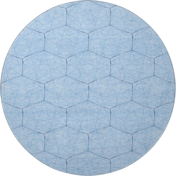 HomeRoots 8' Sky Blue and Denim Blue Geometric Round Rug – Washable, UV-Protected, Stylish, Durable Design 677900