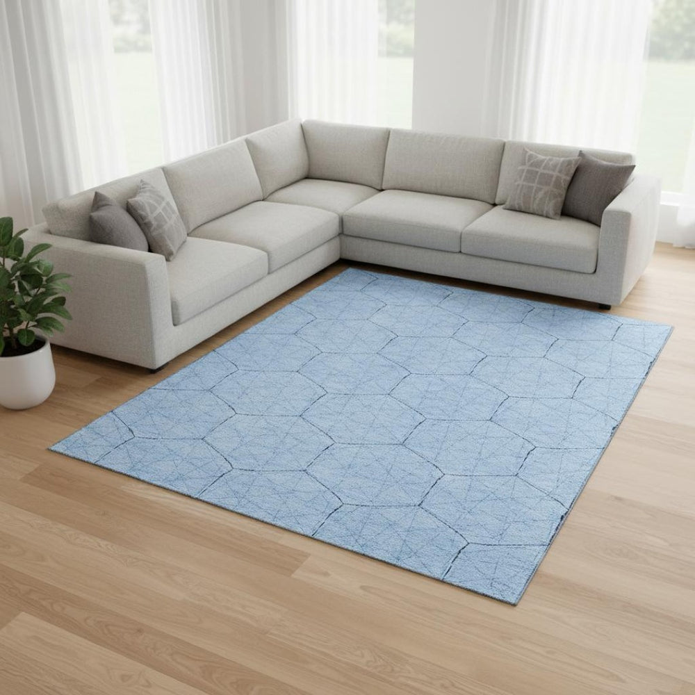 HomeRoots 8' X 10' Stylish Sky Blue & Denim Geometric Area Rug - Washable, UV Protected, Stain Resistant Design 677901
