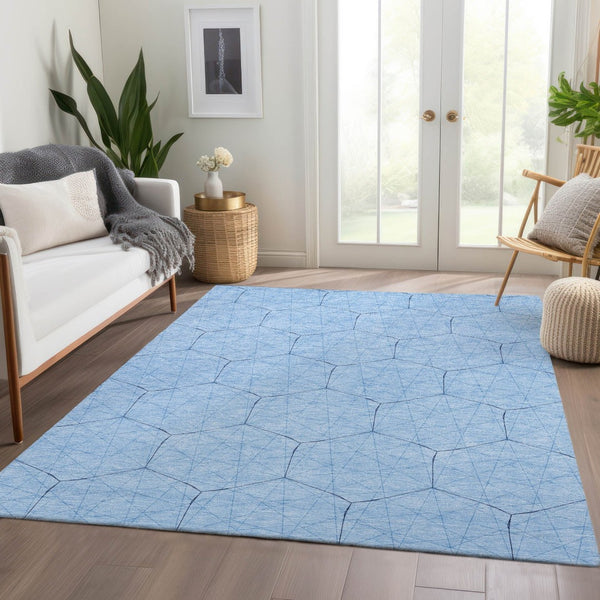 HomeRoots 9' X 12' Sky Blue & Denim Geometric Area Rug - Washable, UV-Protected, Stylish & Durable Design! 677902