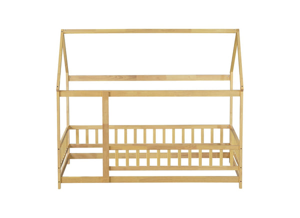 English Elm Twin Size House Floor Bed With Roof Frame & Safety Guardrails - Cozy & Imaginative Playtime Haven W504P286404-GIGA