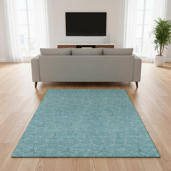 HomeRoots 5' X 8' Stylish Teal and Ivory Geometric Area Rug – Washable, UV-Protected, Perfect for Pets & Kids! 677905