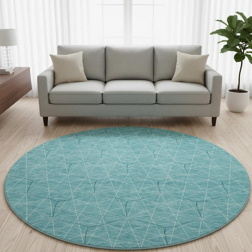 HomeRoots 8' Teal and Ivory Geometric Round Rug - Stylish, Washable, UV-Protected for High-Traffic Areas 677906