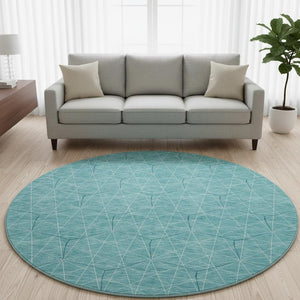 HomeRoots 8' Teal and Ivory Geometric Round Rug - Stylish, Washable, UV-Protected for High-Traffic Areas 677906