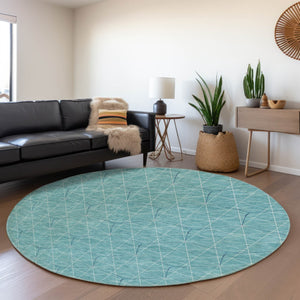 HomeRoots 8' Teal and Ivory Geometric Round Rug - Stylish, Washable, UV-Protected for High-Traffic Areas 677906