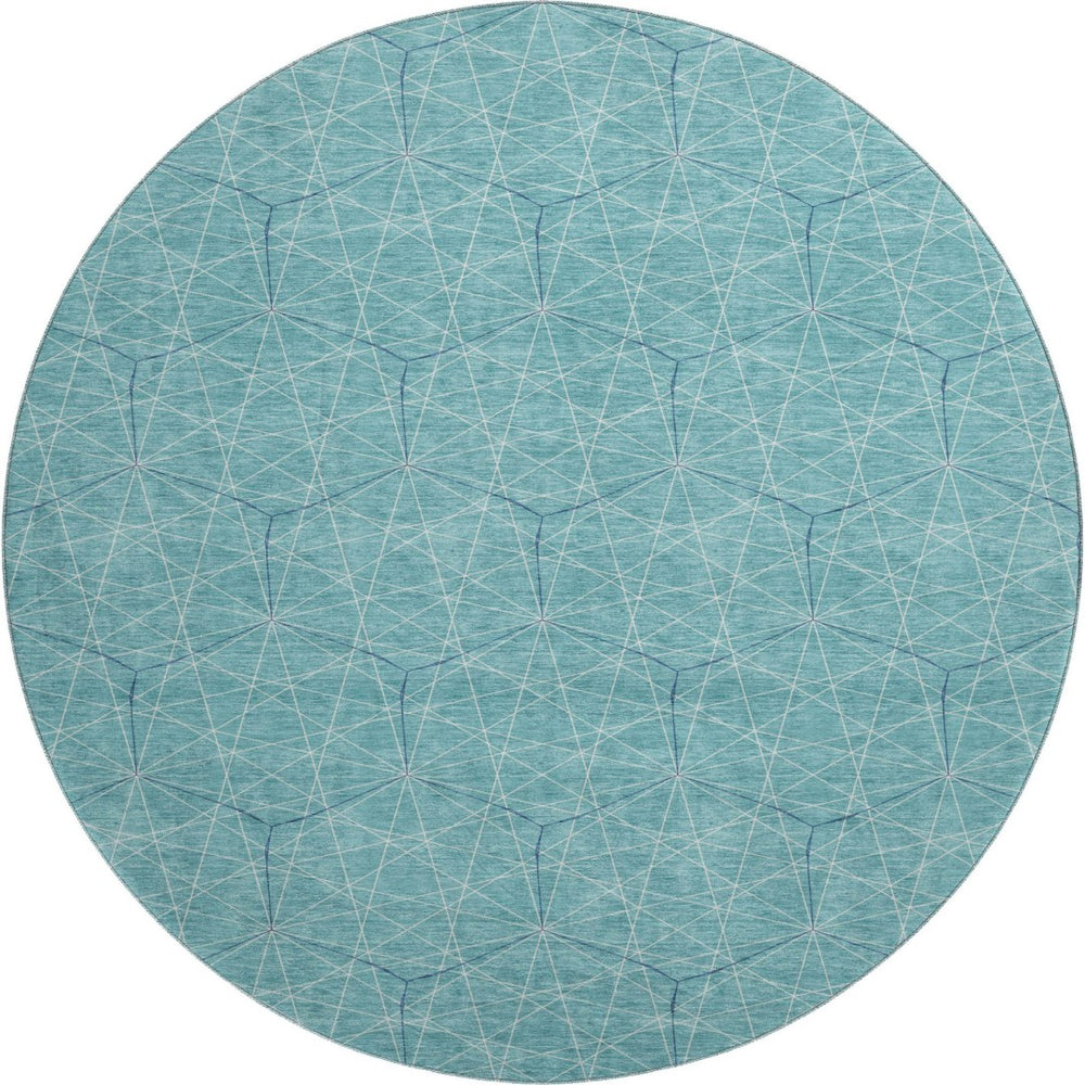 HomeRoots 8' Teal and Ivory Geometric Round Rug - Stylish, Washable, UV-Protected for High-Traffic Areas 677906