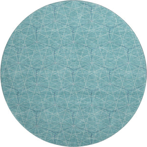 HomeRoots 8' Teal and Ivory Geometric Round Rug - Stylish, Washable, UV-Protected for High-Traffic Areas 677906