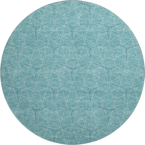HomeRoots 8' Teal and Ivory Geometric Round Rug - Stylish, Washable, UV-Protected for High-Traffic Areas 677906