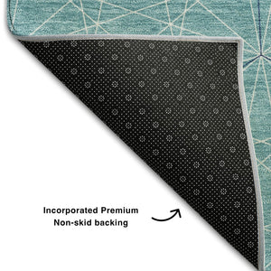 HomeRoots 8' Teal and Ivory Geometric Round Rug - Stylish, Washable, UV-Protected for High-Traffic Areas 677906