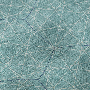HomeRoots 8' Teal and Ivory Geometric Round Rug - Stylish, Washable, UV-Protected for High-Traffic Areas 677906