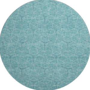 HomeRoots 8' Teal and Ivory Geometric Round Rug - Stylish, Washable, UV-Protected for High-Traffic Areas 677906