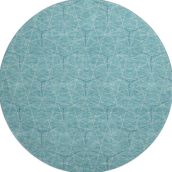HomeRoots 8' Teal and Ivory Geometric Round Rug - Stylish, Washable, UV-Protected for High-Traffic Areas 677906