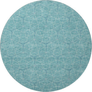 HomeRoots 8' Teal and Ivory Geometric Round Rug - Stylish, Washable, UV-Protected for High-Traffic Areas 677906