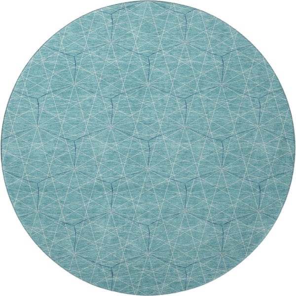 HomeRoots 8' Teal and Ivory Geometric Round Rug - Stylish, Washable, UV-Protected for High-Traffic Areas 677906