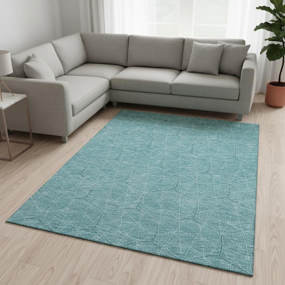 HomeRoots 8' X 10' Teal And Ivory Geometric Area Rug - Washable, UV Protected, Stain Resistant for High Traffic Spaces 677907