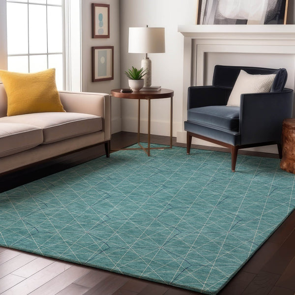 HomeRoots 8' X 10' Teal And Ivory Geometric Area Rug - Washable, UV Protected, Stain Resistant for High Traffic Spaces 677907