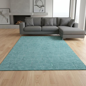 HomeRoots 9' X 12' Teal and Ivory Geometric Area Rug - Washable, UV Protected, Stain Resistant for High-Traffic Areas 677908