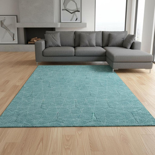 HomeRoots 9' X 12' Teal and Ivory Geometric Area Rug - Washable, UV Protected, Stain Resistant for High-Traffic Areas 677908